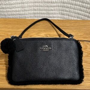 Coach Black Shearling Pebble Leather Small Wristlet Silver Hardware Pom Pom